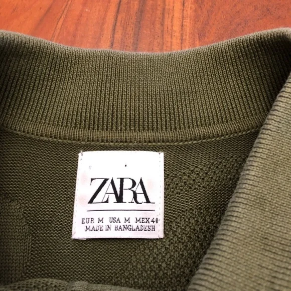 ZARA Men’s Olive Green Polo Short Sleeves Textured Knit T Shirt Size Medium. - Picture 2 of 9